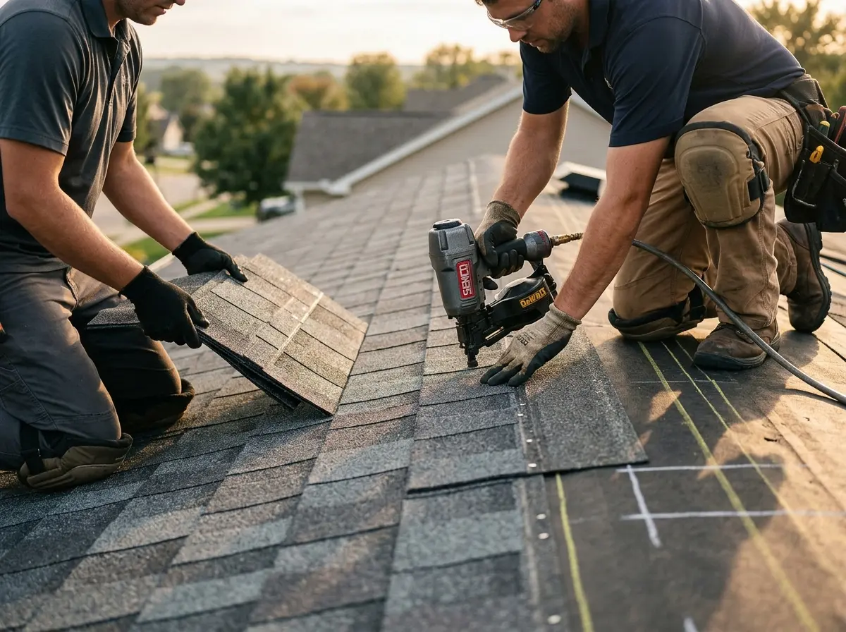 Professional roofer working on a residential roof in Murrysville